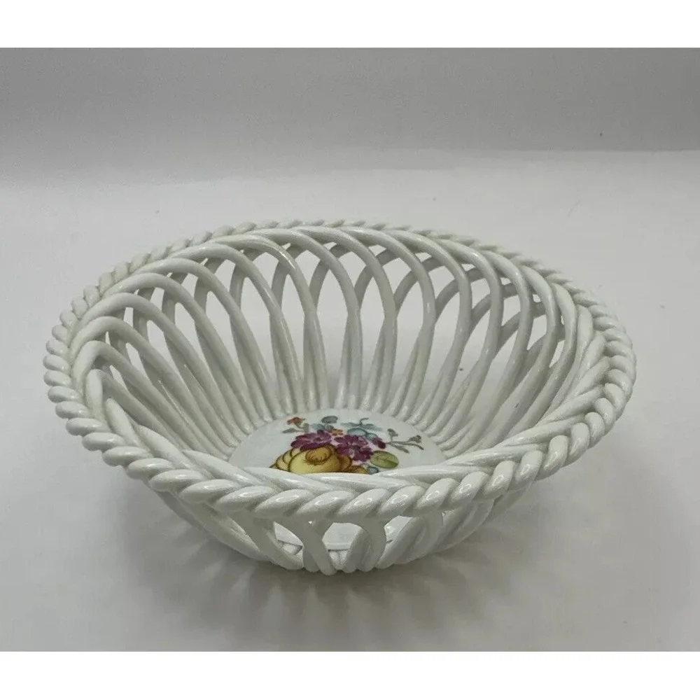Herend Bowl Queen Victoria Open Weave Reticulated Floral Flowers Basket 4.5